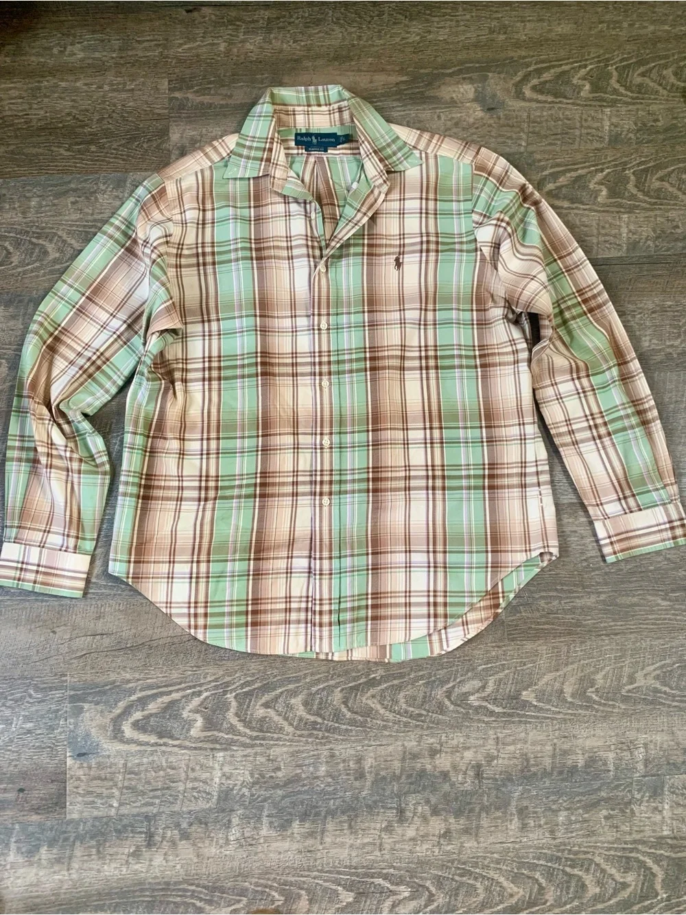 Polo by Ralph Lauren Preppy Fall Mint Green and Brown Plaid Button-Down Shirt